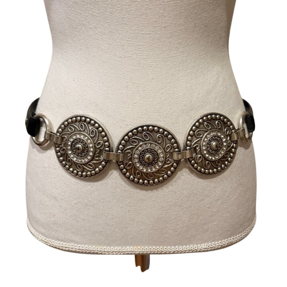 Chicos Western Leather Statement Belt Black Silver Medallion Detail M/L